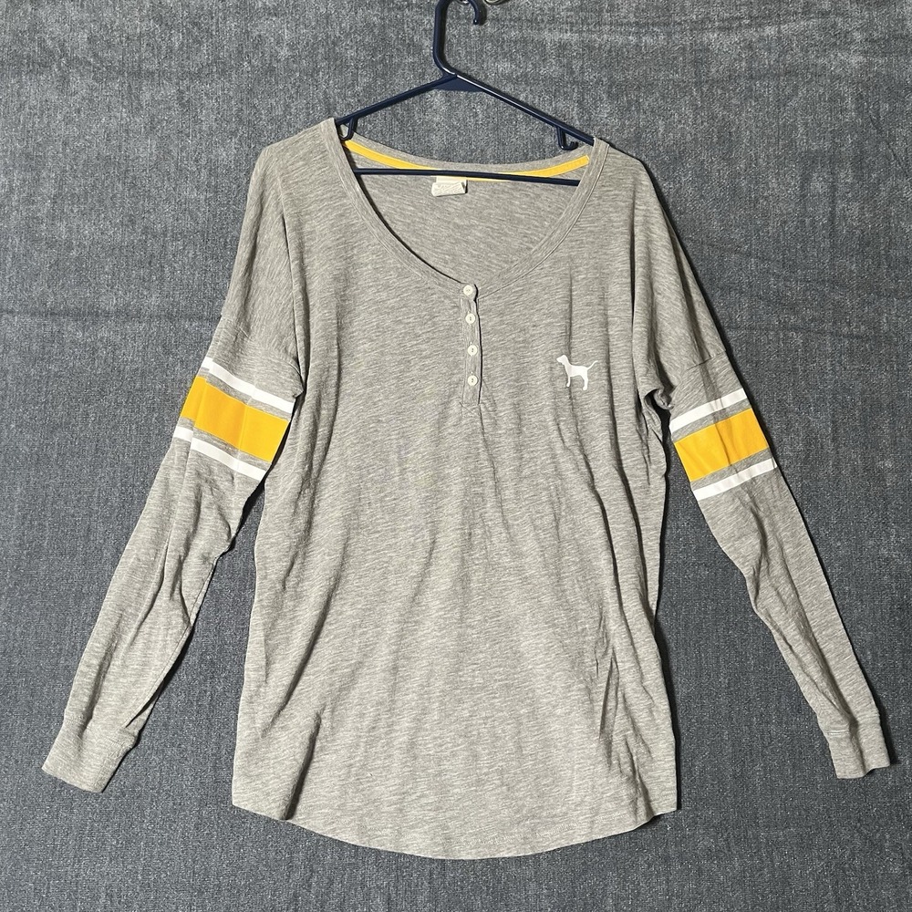 VS PINK Varsity Henley Top Womens XS Grey Yellow Striped Long Sleeve Slouchy Tee